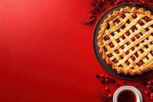 Freshly baked cherry pie accompanied by a warm beverage photo