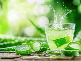 Refreshing aloe vera drink with splashes in bright setting photo