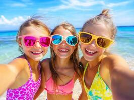 Friends enjoy a sunny beach day with colorful sunglasses photo