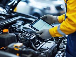 Mechanic using tablet for diagnostics in car repair shop photo