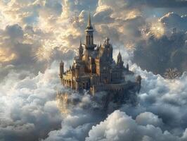 Majestic castle rising above clouds with fireworks in the sky photo