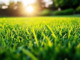 Sunlight glimmers on fresh green grass in a tranquil setting photo