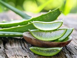 Sliced aloe vera placed on a wooden plate in a natural setting photo