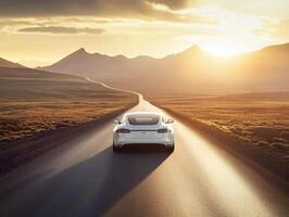 Sunset drive on an open road with stunning mountain backdrop photo