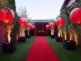 Elegant red lanterns illuminate a garden pathway for an event photo