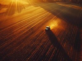Harvesting crops at sunset across the golden fields photo