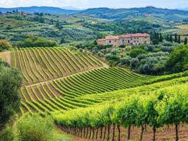 Scenic vineyard landscape in Tuscany with lush green hills photo