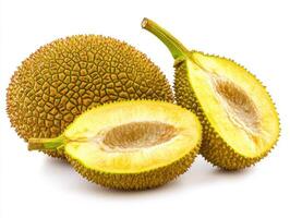 Fresh durian fruit displayed on a white background photo