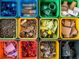 Sorting various recyclable materials in colorful bins at a facility photo