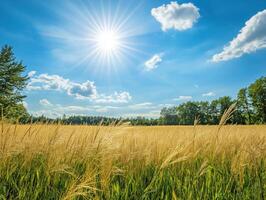 Sunshine over golden wheat field on a clear day in summer photo