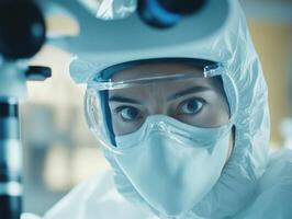 Scientist examining samples in a laboratory wearing protective gear photo