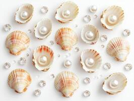 Colorful seashells and pearls arranged on a white background photo