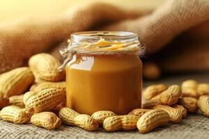 Peanut butter jar surrounded by fresh peanuts on wooden table photo