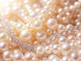 Elegant strands of pearls and crystals shimmer in warm light photo