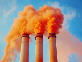 Power plant smokestacks release vibrant orange smoke into the sky photo