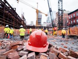 Construction workers and equipment at urban building site photo