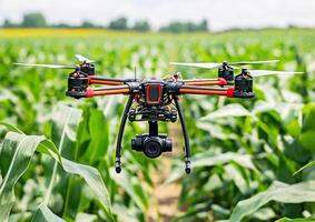 Flying drone captures detailed views of cornfield crops photo