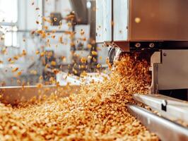 Large machinery processes grains in a bustling factory photo