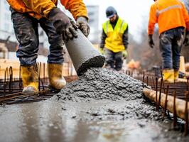 Workers pouring concrete at a construction site on a cloudy day photo