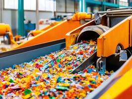 Colored plastic pieces being processed in a recycling facility photo