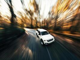 Driving rapidly through a forest road during autumn foliage photo