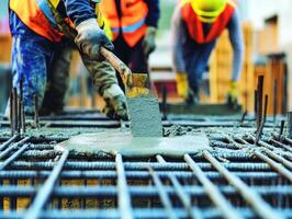 Construction workers pouring concrete at a construction site photo
