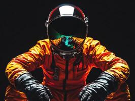 Astronaut in orange suit reflecting cosmos in helmet photo