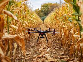 Drone monitoring cornfield with autumn foliage in background photo