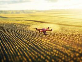 Drone spraying crops over expansive green fields at sunset photo