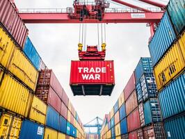 Crane lifting red container labeled Trade War at shipping yard photo