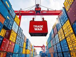 Container crane lifts Trade War container in busy cargo yard photo