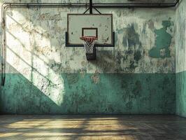 Abandoned basketball court with sunlit shadows on the floor photo