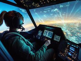Pilot operates cockpit controls during nighttime flight over city photo