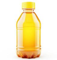 Clear plastic bottle filled with orange liquid and yellow cap photo