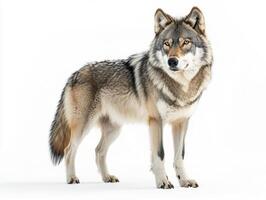 Majestic wolf standing alert against a plain background photo