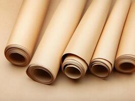 Brown kraft paper rolls arranged in a neat row for various uses photo