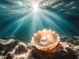 Beautiful pearl in a shell resting on the ocean floor photo