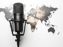 Microphone in front of world map showcasing global communication photo