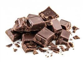 Dark chocolate pieces scattered on a white surface isolated photo