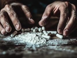 Hands sorting capsules and powder on a wooden surface photo