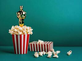 Golden statue on popcorn in striped cup with teal backdrop photo