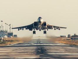 Military aircraft takes off from runway during twilight photo