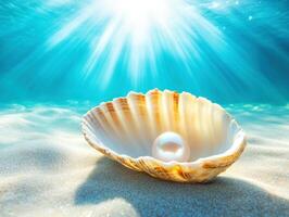 Bright underwater scene with a shell and pearl resting on sand photo