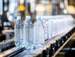 Clear water bottles moving along a production line in a factory photo