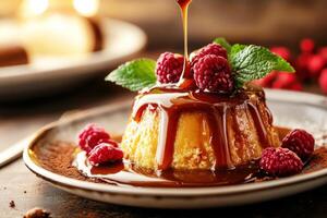 Delicious dessert with caramel and fresh raspberries on a plate photo