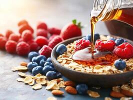 Healthy breakfast with oats, berries, and honey in a bowl photo