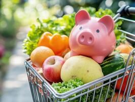 Fresh produce and a piggy bank in a shopping cart at a market photo