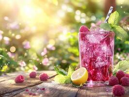 Refreshing raspberry lemonade in a sunlit garden setting photo