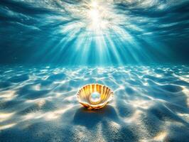 Pearlescent treasure resting on sandy ocean floor photo