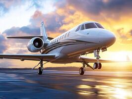 Luxury jet landing at sunset over an airport runway photo
